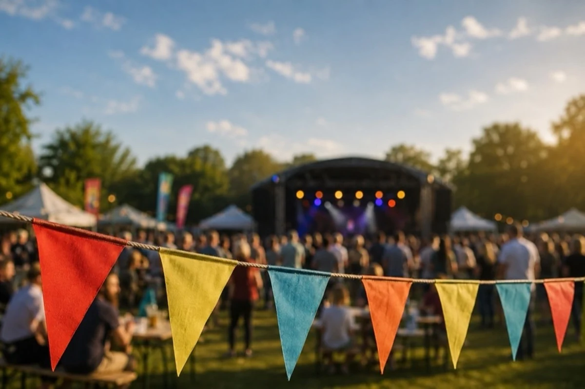 Festlich geschmückte Bühne und Marktstände als Motiv für das Stadtfest Sankt Andreasberg 2026 im Harz