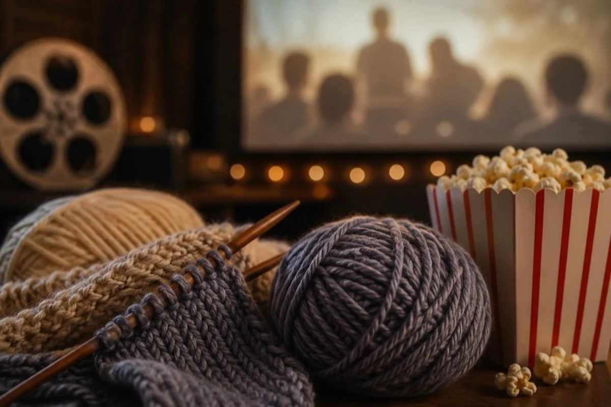 Wollknäuel und Stricknadeln auf einem Kinositz vor einer Leinwand als Motiv für Strickkino in Quedlinburg im Harz