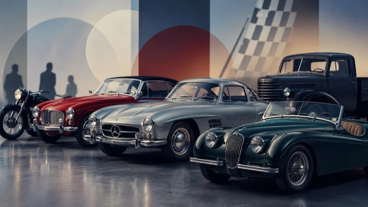 Abstrakte Darstellung historischer Fahrzeuge auf einer neutralen Ausstellungsfläche als Symbol für Oldtimertreffen und Südharz Classics.