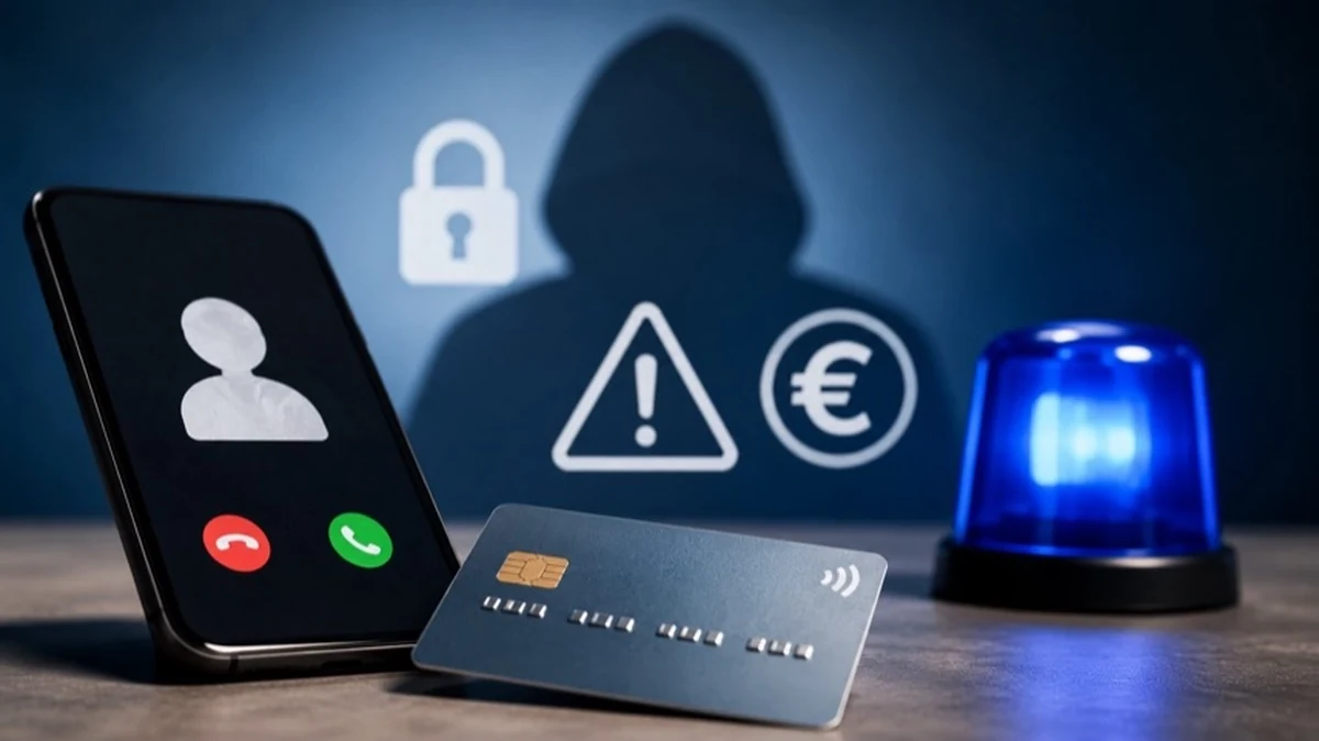 Abstrakte Symbolgrafik mit Telefon, Bankkarte, Sicherheitssymbolen und Blaulicht zum Thema Telefonbetrug im Landkreis Goslar.