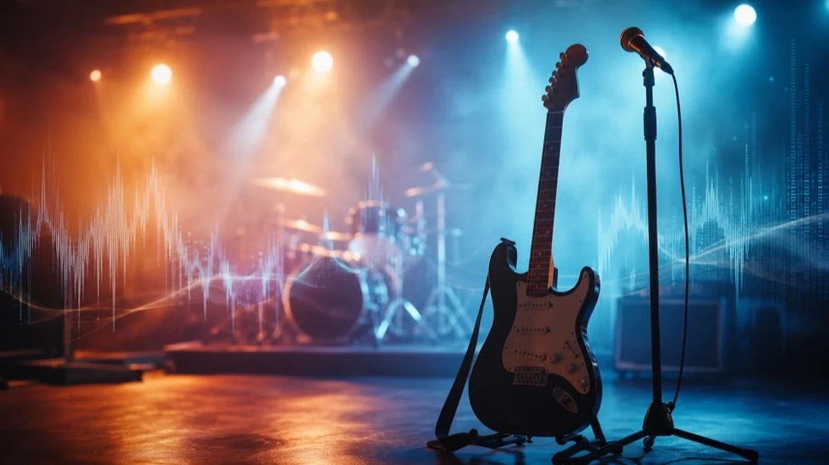 Abstrakte Konzertbühne mit E-Gitarre, Mikrofon und Schallwellen als Symbol für den Auftritt von The Colates beim FreitagsKickOff.