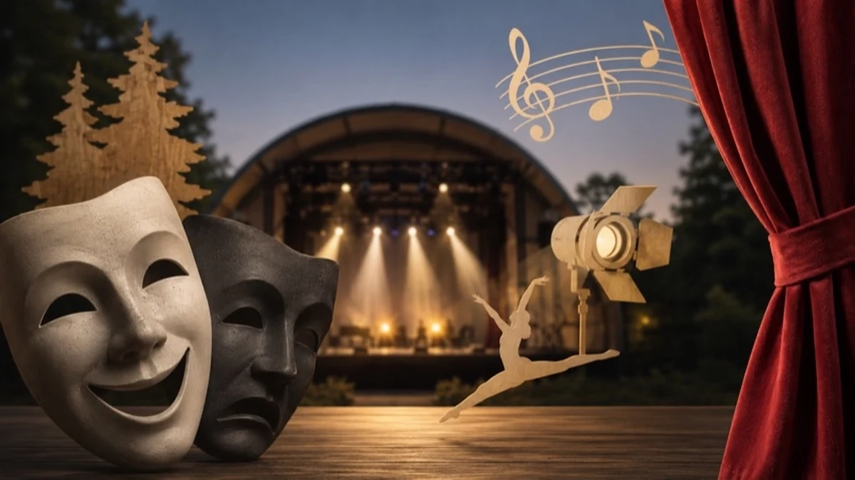 Symbolische Freilichtbühne mit Theatermasken und Bühnenelementen als Darstellung des THEATERNATUR Festivals in Benneckenstein.
