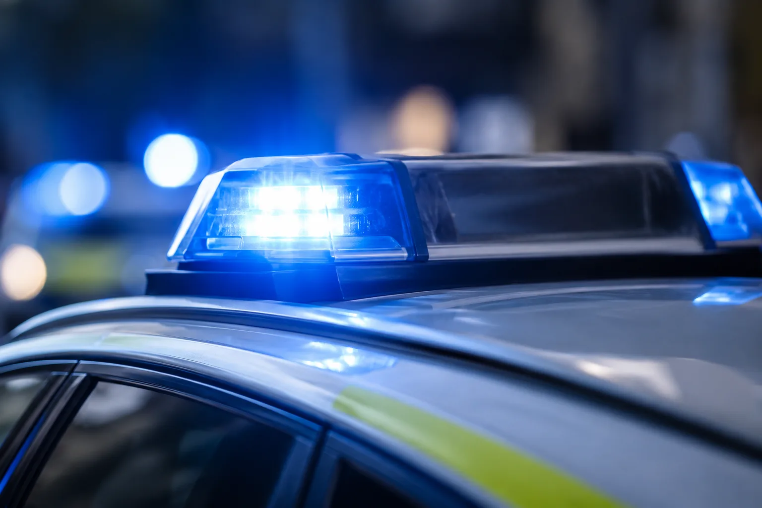 Blaues Warnlicht auf einem neutralen Polizeifahrzeug vor unscharfem Hintergrund zum Tötungsdelikt in Osterode am Harz