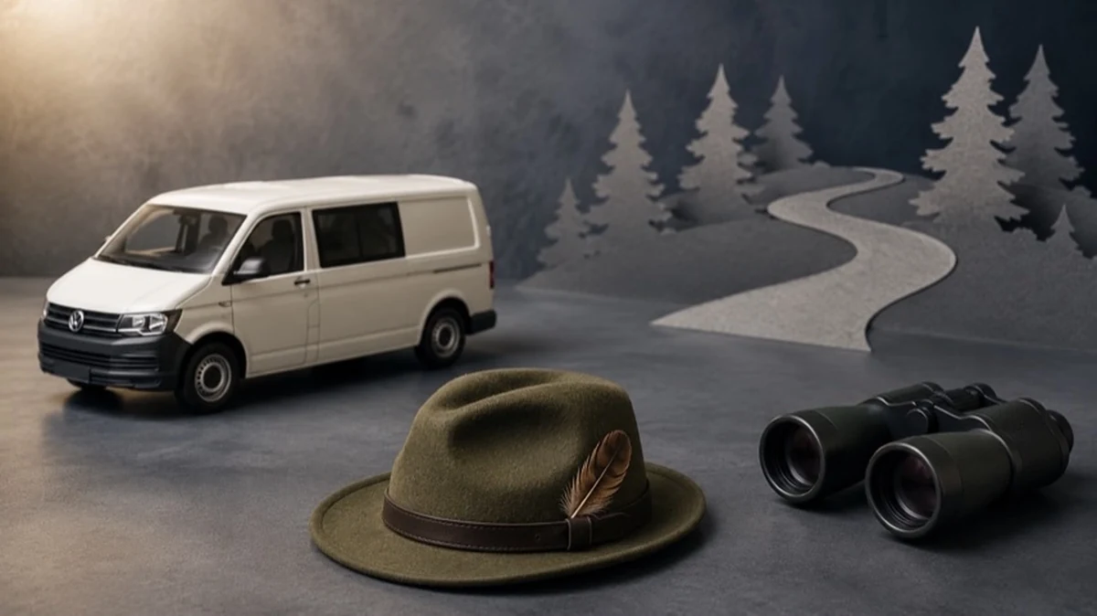 VW-Transporter, Jagdhut und stilisierter Waldweg als Motiv zum Vorfall mit einem Jäger in Hagenburg