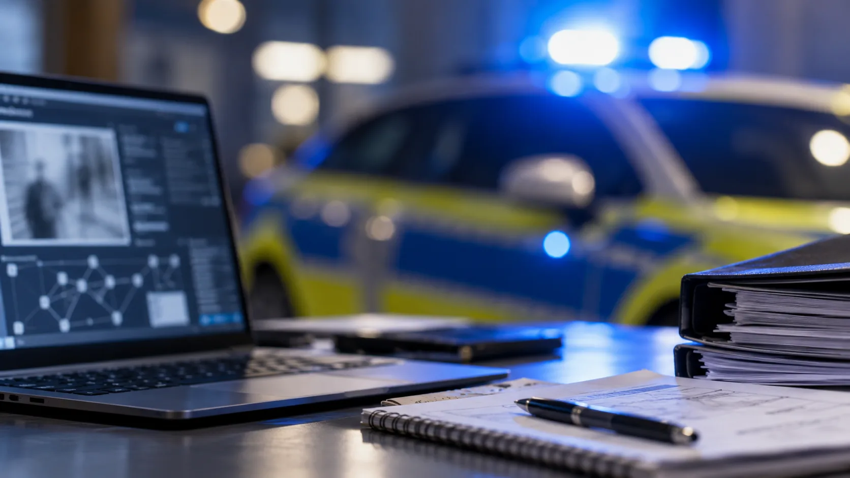 Generisches Polizeifahrzeug mit Blaulicht und Laptop zum True-Crime-Hackathon der Polizei Sachsen-Anhalt im Harz-Kontext