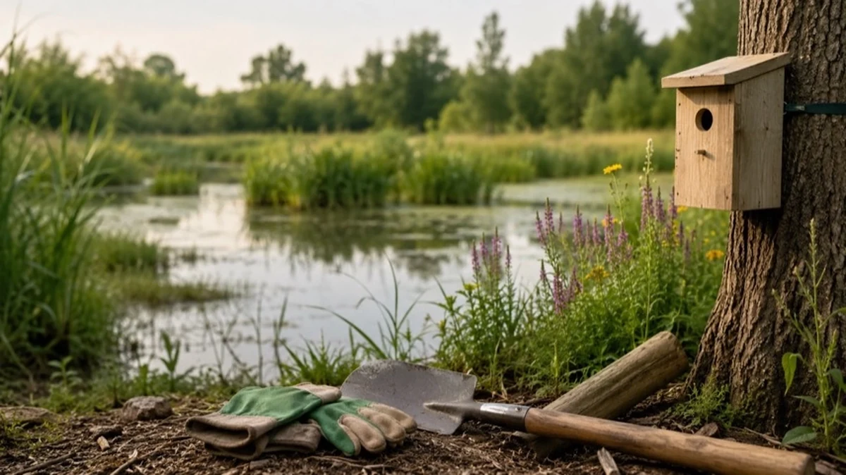 Symbolisches Feuchtbiotop mit Teich, Wiese, Nistkasten und Werkzeugen als Darstellung von Naturschutz und Biotoppflege bei Goslar.