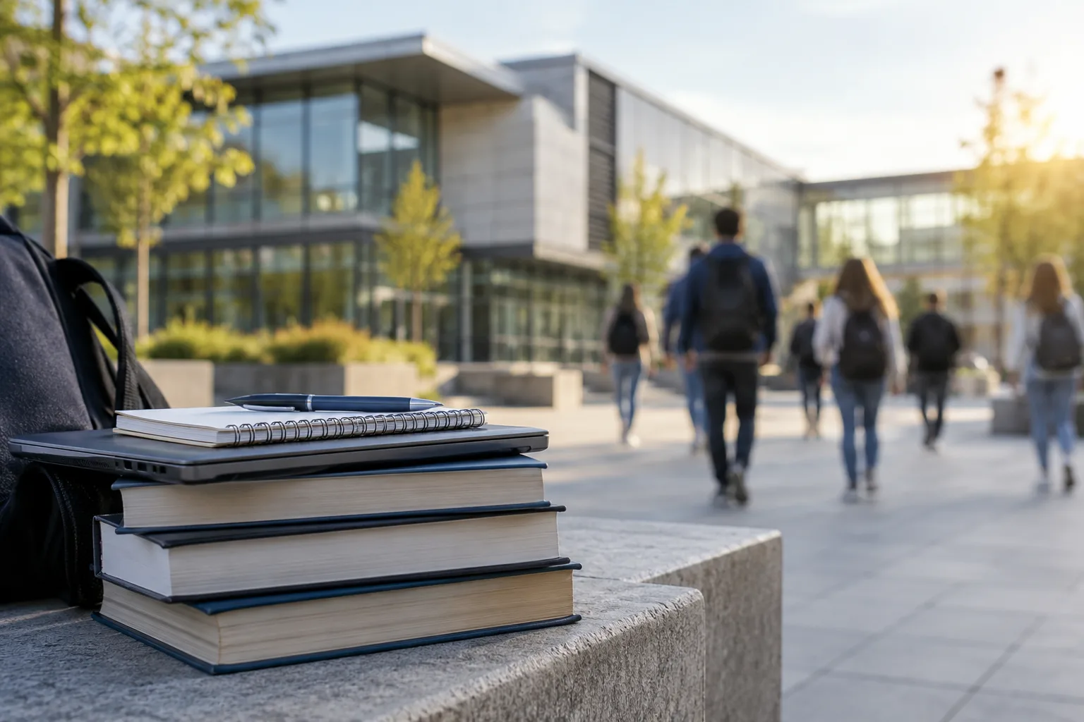 Studierende vor einem modernen Hochschulgebäude als Motiv für den geplanten TU-Campus Goslar im Harz.