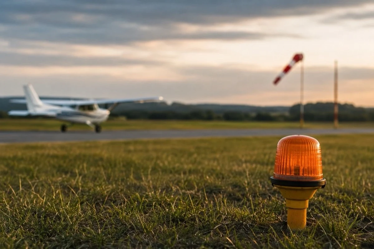 Ultraleichtflugzeug auf einer Grasfläche eines kleinen Flugplatzes mit Windsack im Hintergrund