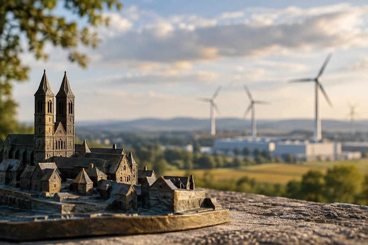 Historisches Architekturmodell vor generischen Industriehallen und Windenergieanlagen als Motiv für Quedlinburg im Harz