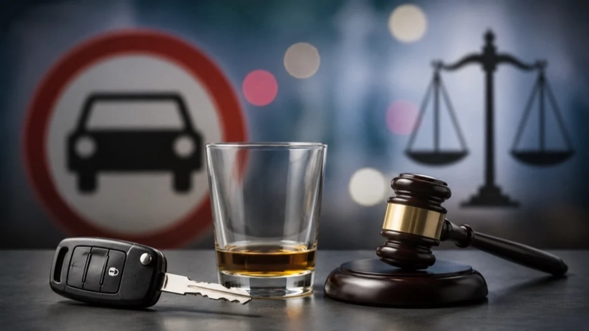 Symbolische Darstellung zu Alkohol am Steuer und Verkehrsunfall mit Autoschlüssel, Verkehrssymbol und neutralen Dokumenten.