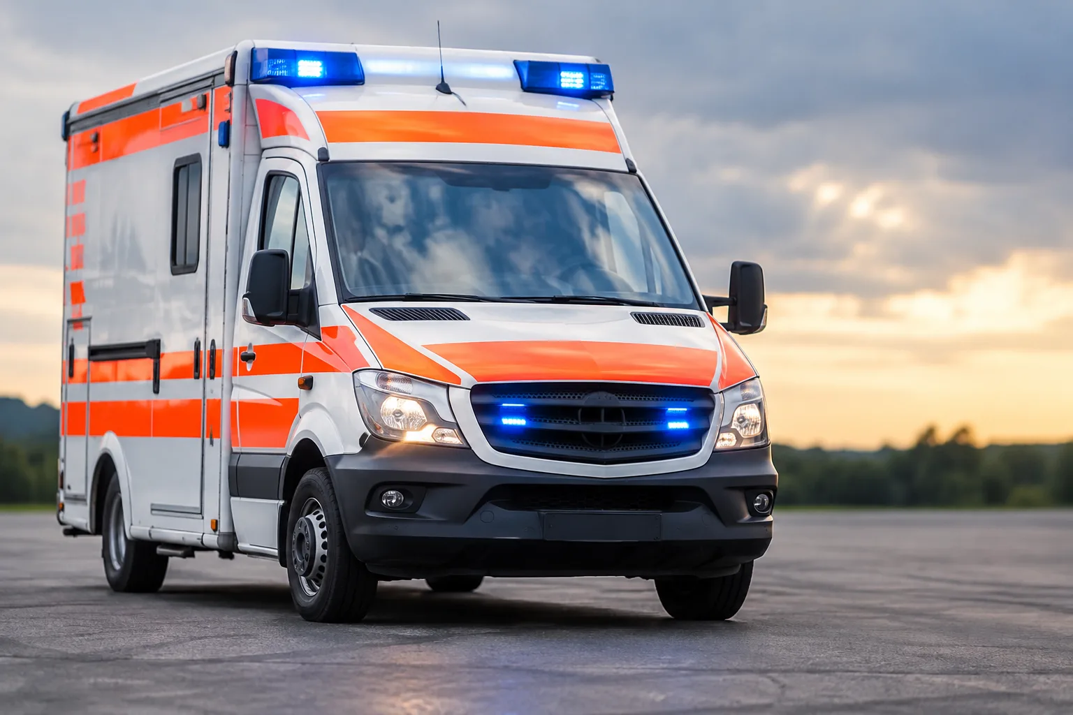 Neutrales Rettungsfahrzeug auf einer freien Fläche ohne erkennbare Unfallstelle oder weitere Einsatzfahrzeuge.