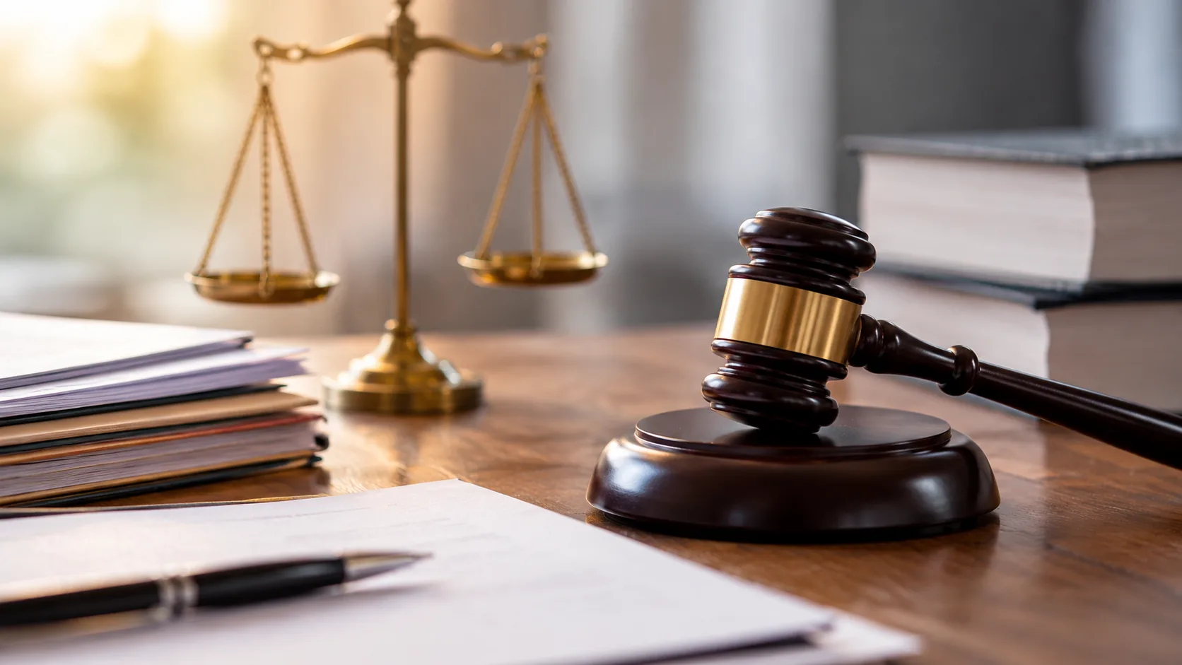 Richterhammer, Justizwaage und Aktenstapel auf einem Schreibtisch neben unbeschrifteten Dokumenten.