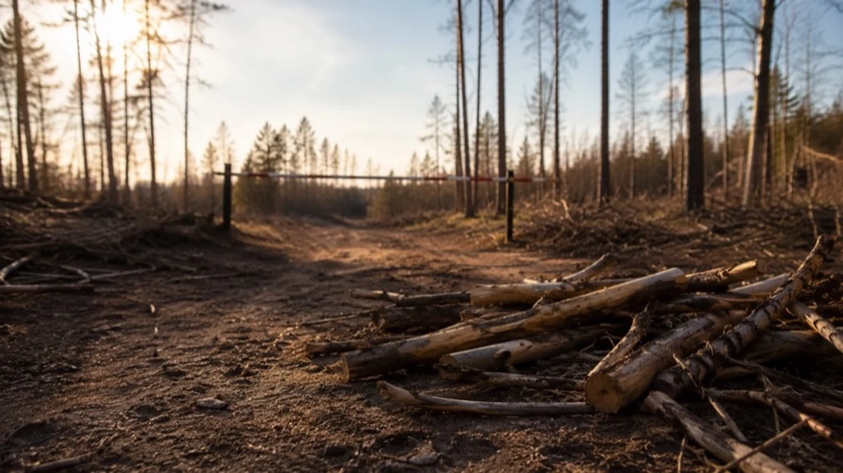 Trockener Waldrand im Harz mit Warnschild zur Waldbrandgefahr und Holzresten