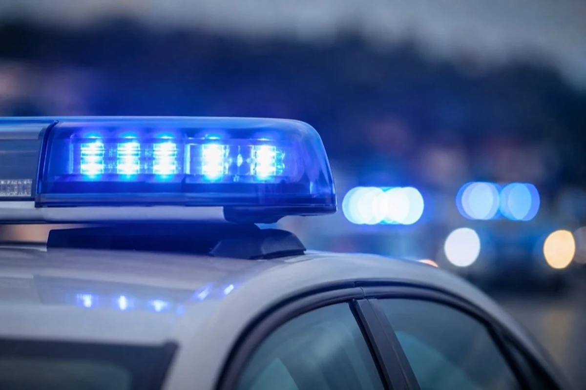 Polizeifahrzeug mit Blaulicht vor neutralem Wald zum Waldbrand bei Ballenstedt im Harz