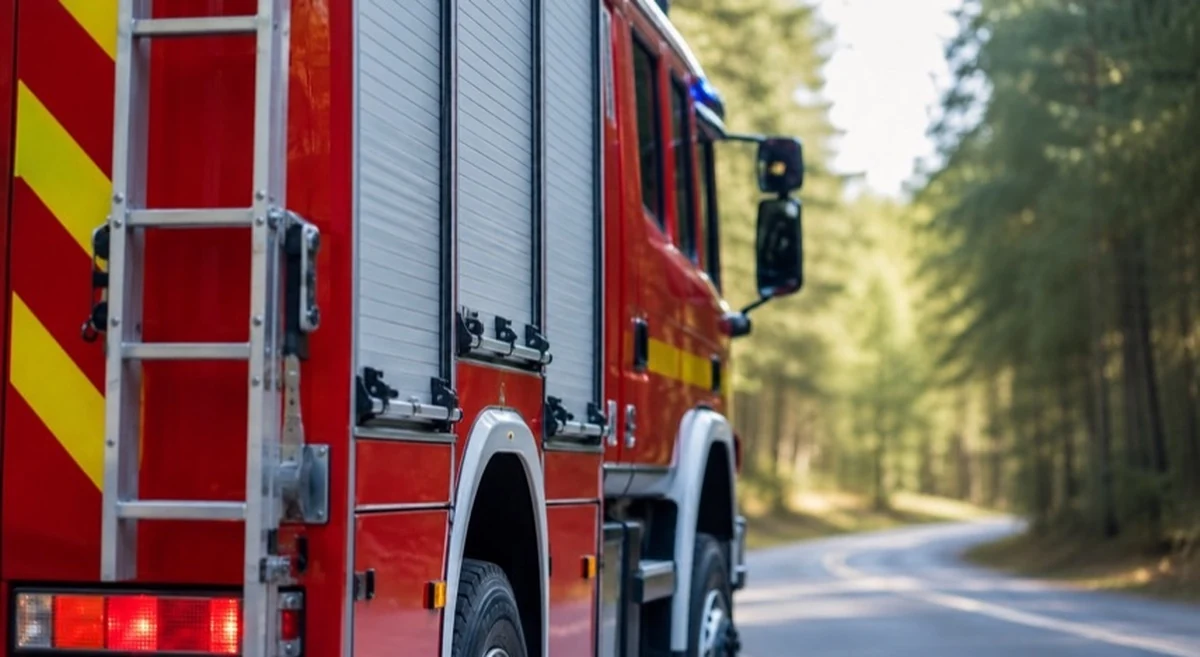 Feuerwehrfahrzeug vor einem Waldgebiet als Motiv zum Thema Waldbrand im Harz