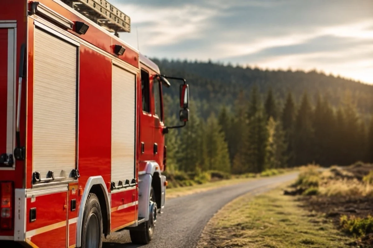 Feuerwehrfahrzeug an einem bewaldeten Gebiet als Motiv zum Thema Waldbrand und Feuerwehr im Harz