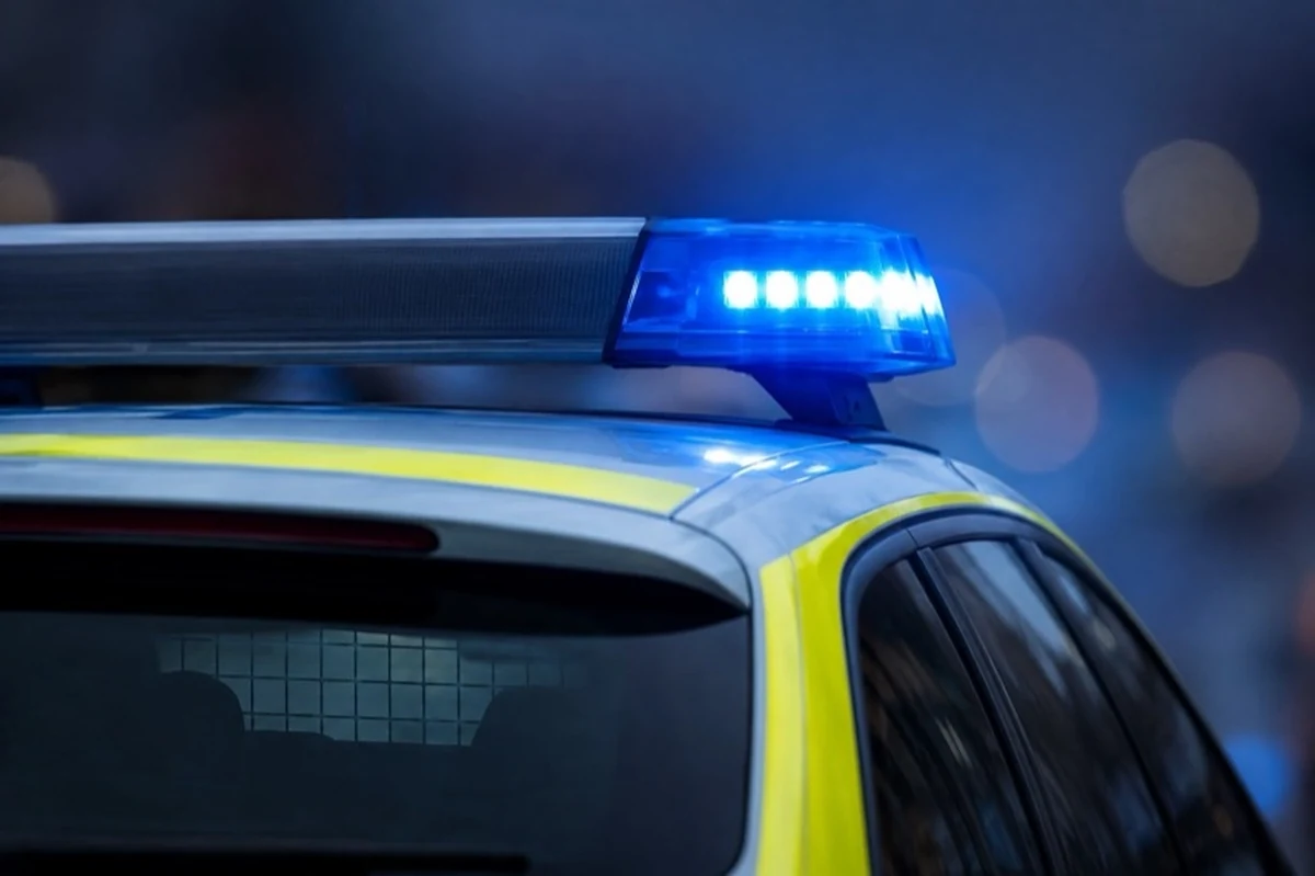 Blaulicht auf einem neutralen Polizeifahrzeug zu Ermittlungen nach dem Waldbrand bei Benneckenstein