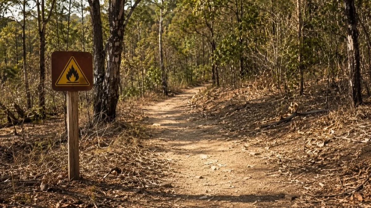Trockener Waldrand mit Warnschild zur Waldbrandgefahr im Harz und einem leeren Wanderweg