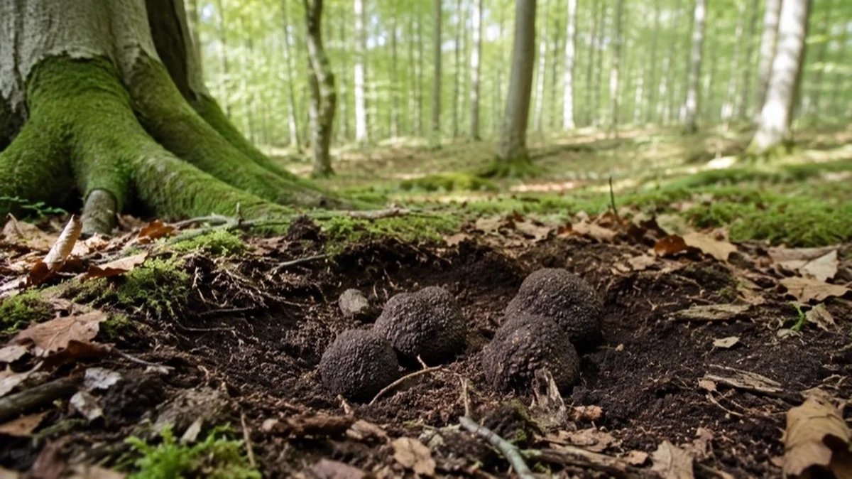 Burgundertrüffeln im Waldboden eines kalkhaltigen Mischwaldes mit Buchenwurzeln und Laubschicht