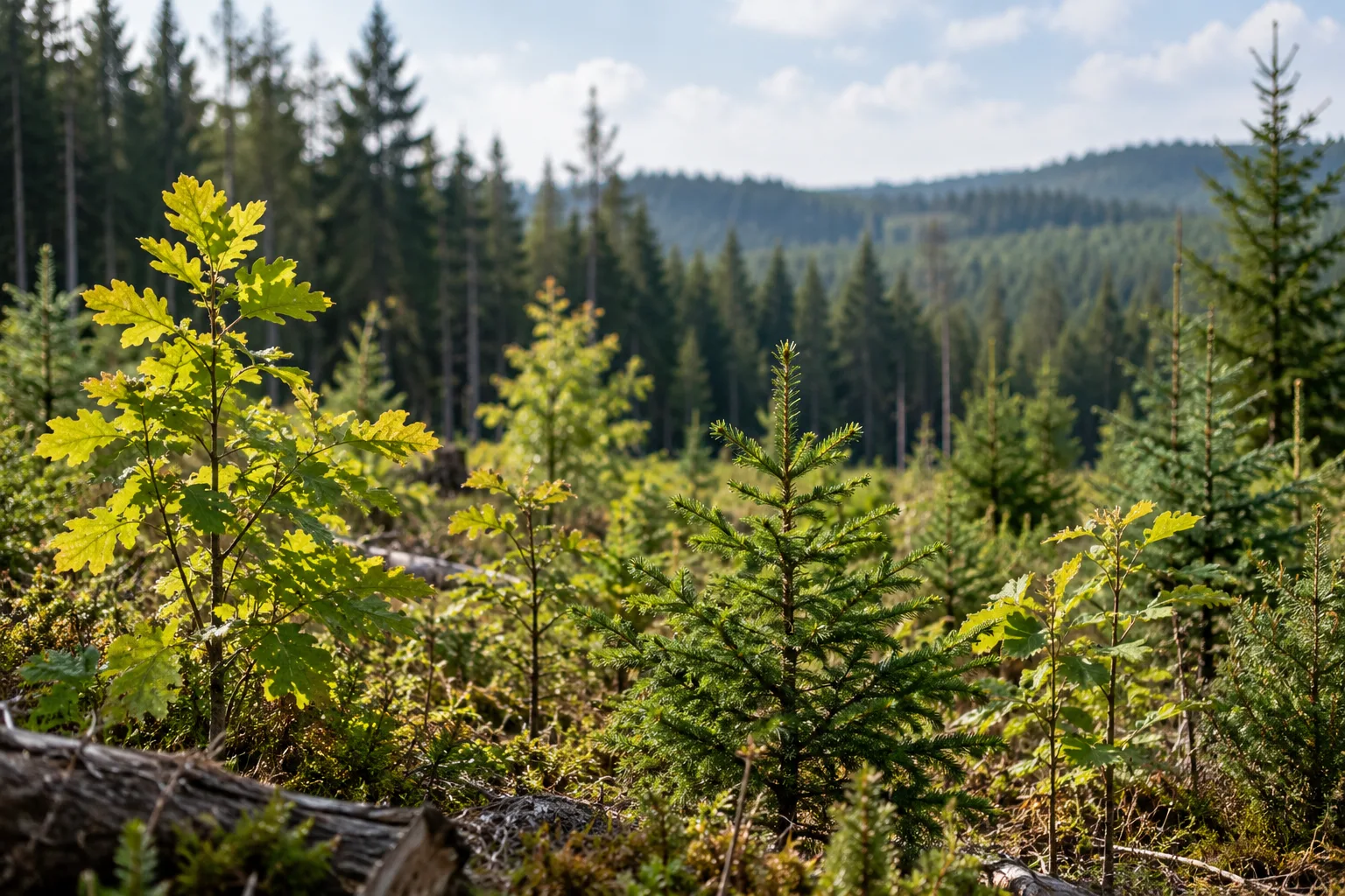 Junger Mischwald mit Laub- und Nadelbäumen auf einer bewachsenen Waldfläche als Motiv zum Waldumbau im Harz