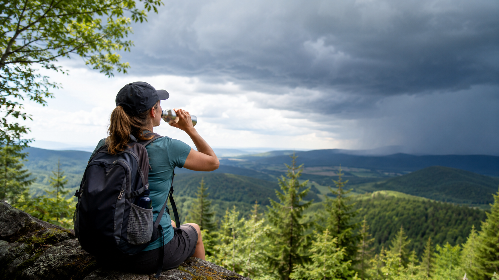 Wandernde auf einem sonnigen Waldweg im Harz mit Rucksack, Kopfbedeckung und Trinkflasche