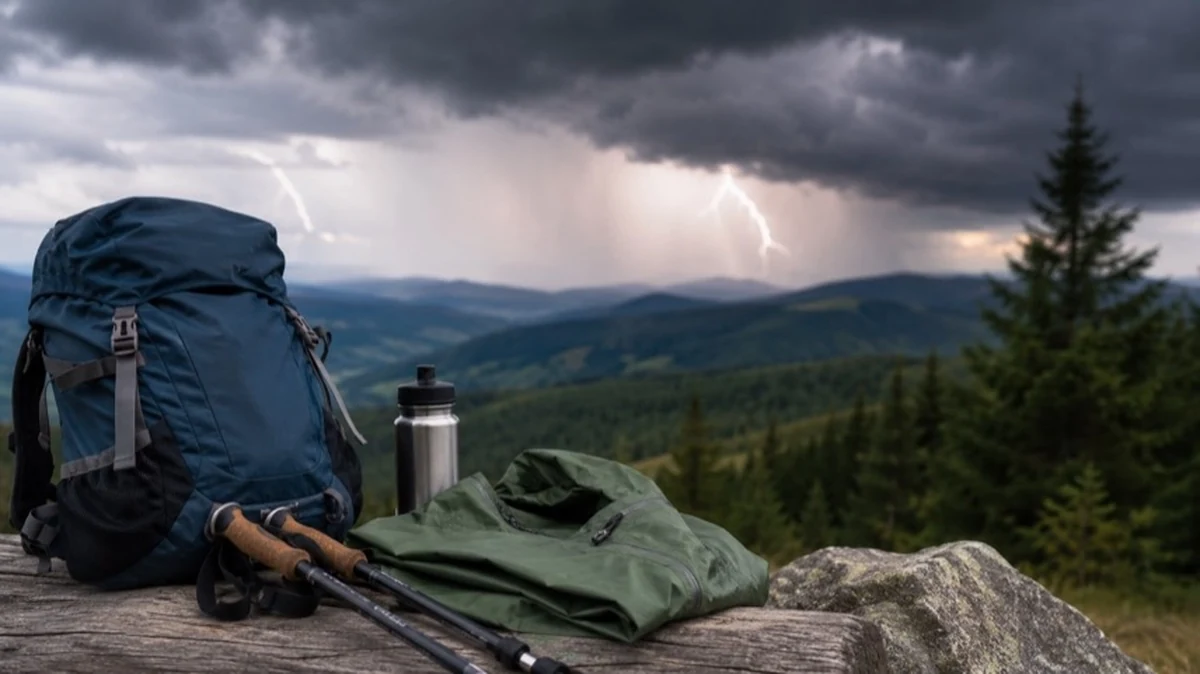 Wanderausrüstung an einem Wegweiser vor bewaldeter Mittelgebirgslandschaft mit Gewitterwolken beim Wandern im Harz.