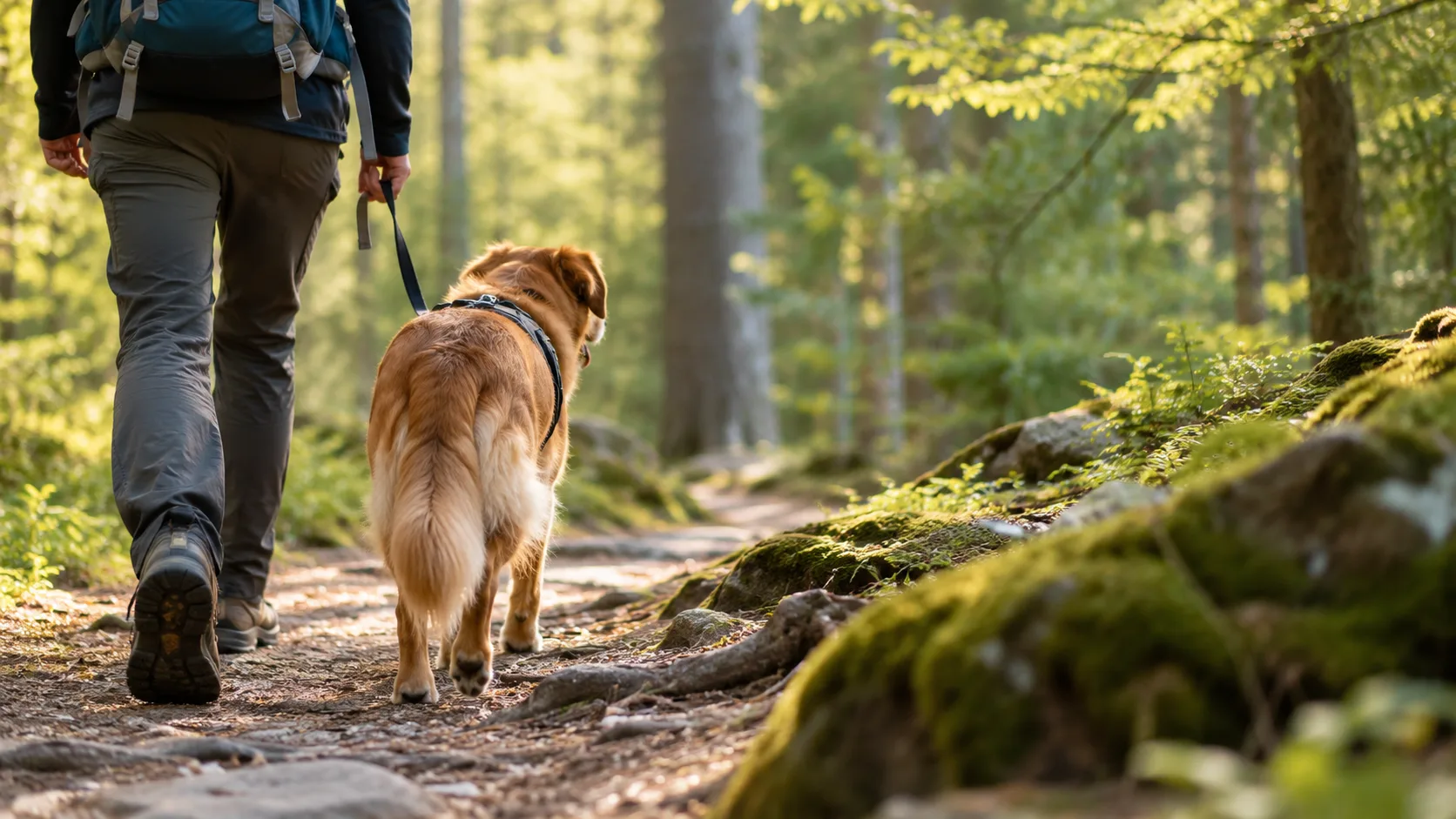 Angeleinter Hund neben einer Person auf einem Waldwanderweg zwischen Bäumen und moosbewachsenem Waldboden.