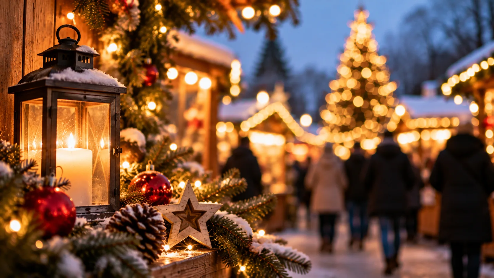 Weihnachtsmarkt mit beleuchteten Holzbuden, geschmückten Tannenbäumen und Besuchern im Hintergrund.