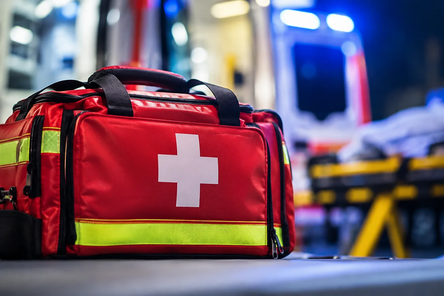Medizinischer Notfallkoffer mit weißem Kreuz und unscharfen blauen Lichtreflexen im Hintergrund.