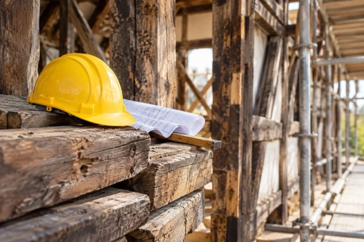 Historisches Fachwerk mit abgestützten Holzbalken während einer denkmalgerechten Sanierung im Harz