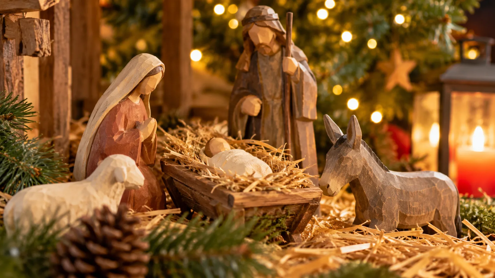 Traditionelle Weihnachtskrippe mit Holzfiguren, Stroh, Tannenzweigen und warmer Weihnachtsbeleuchtung.