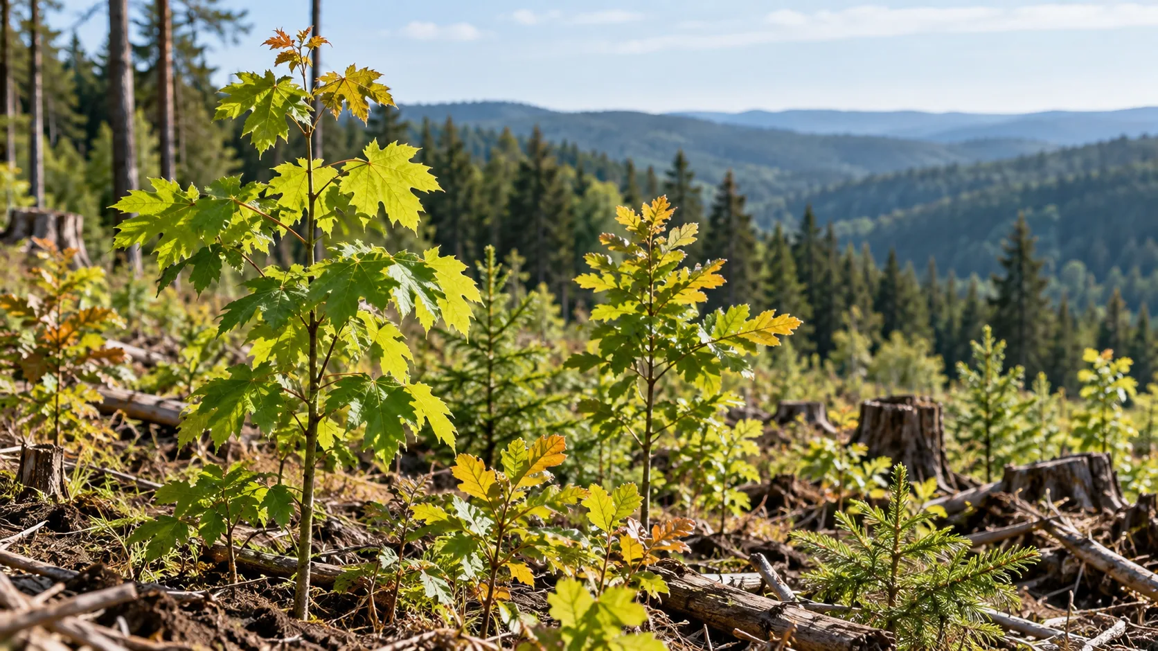 Junge Bergahorn- und Buchenbäume auf einer offenen Waldfläche mit älteren Nadel- und Laubbäumen im Hintergrund.