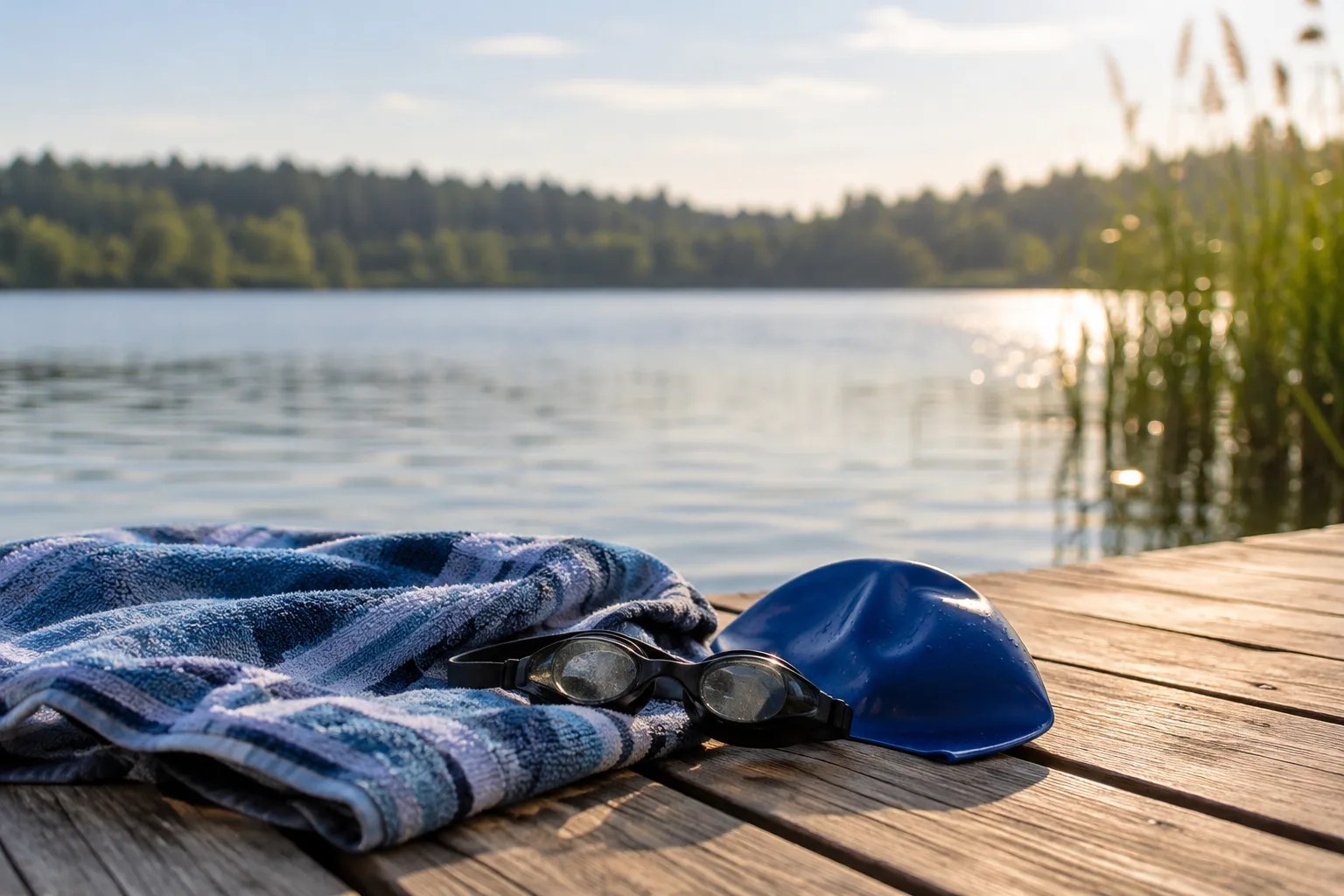 Ruhiger See mit Holzsteg, Handtuch, Schwimmbrille und Badekappe als Motiv zum Schwimmen im Harz.