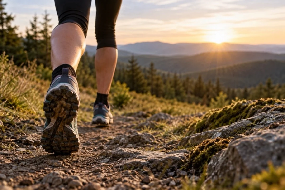 Trailrunner auf einem steinigen Waldweg in einer Mittelgebirgslandschaft beim Trailrunning im Harz