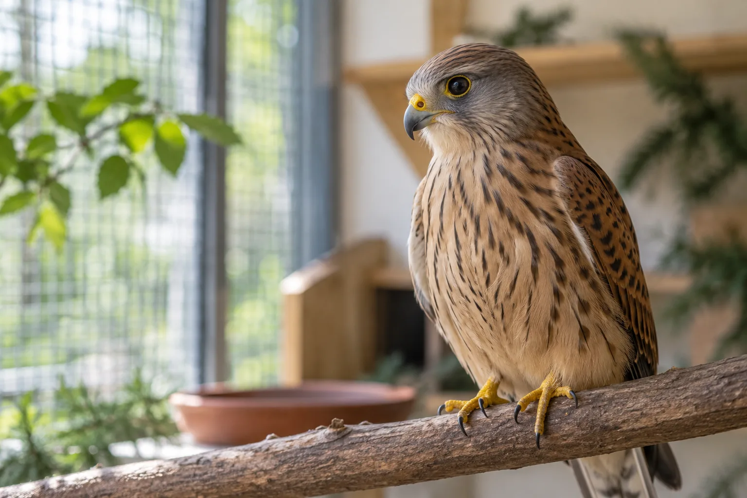 Heimischer Wildvogel auf einer Holzstange in einem geschützten Raum einer Auffangstation für Wildtiere