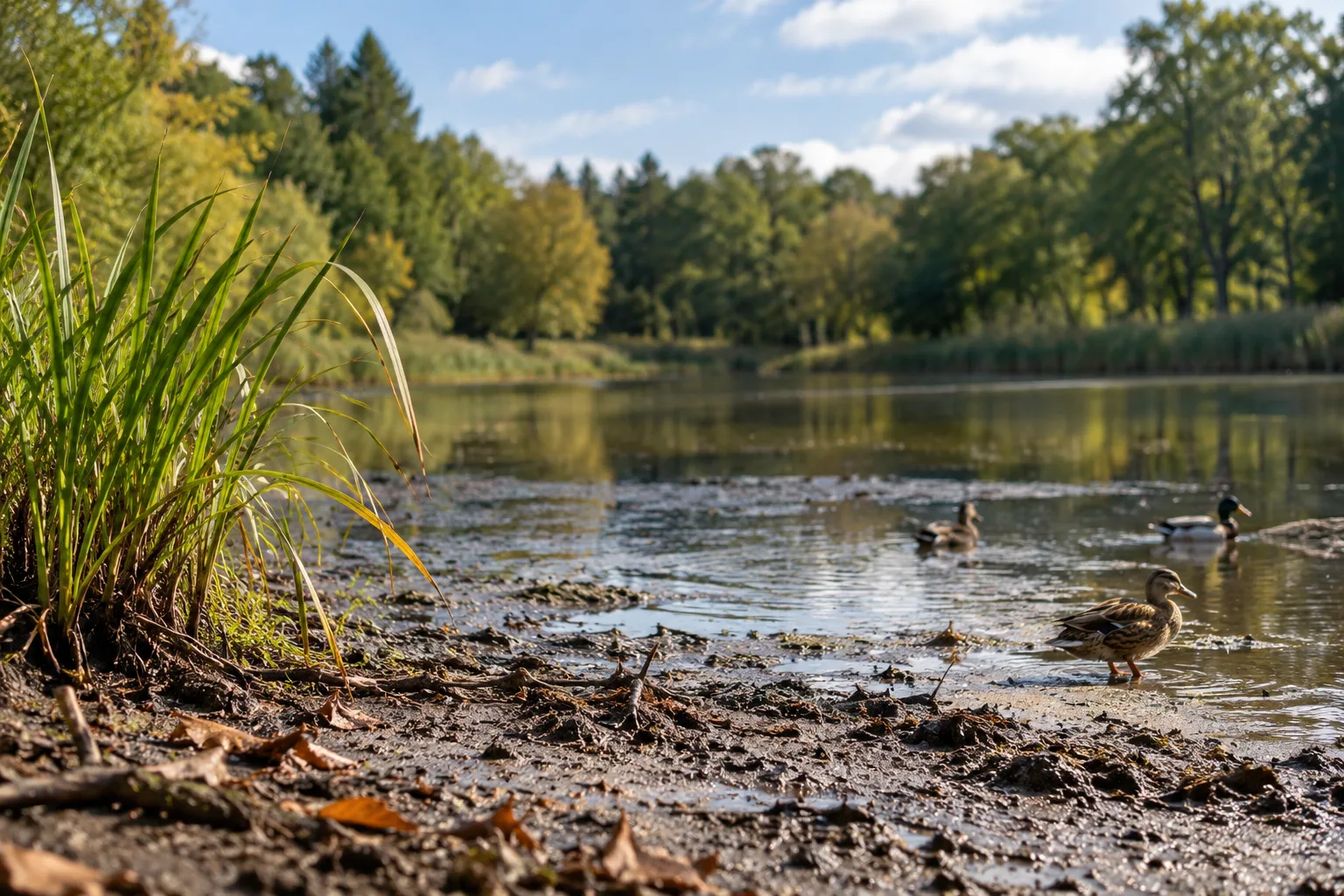 Teich mit niedrigem Wasserstand, schlammigem Ufer und Wasservögeln vor bewaldeter Umgebung im Harz