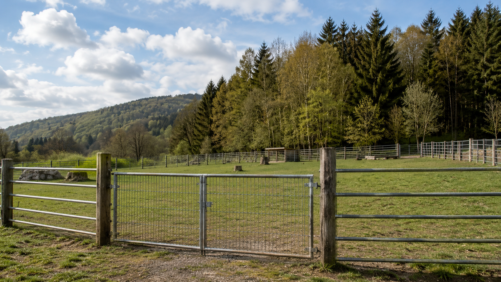 Leeres eingezäuntes Gehege auf einer Wiese mit Waldrand und Hügeln im Hintergrund.