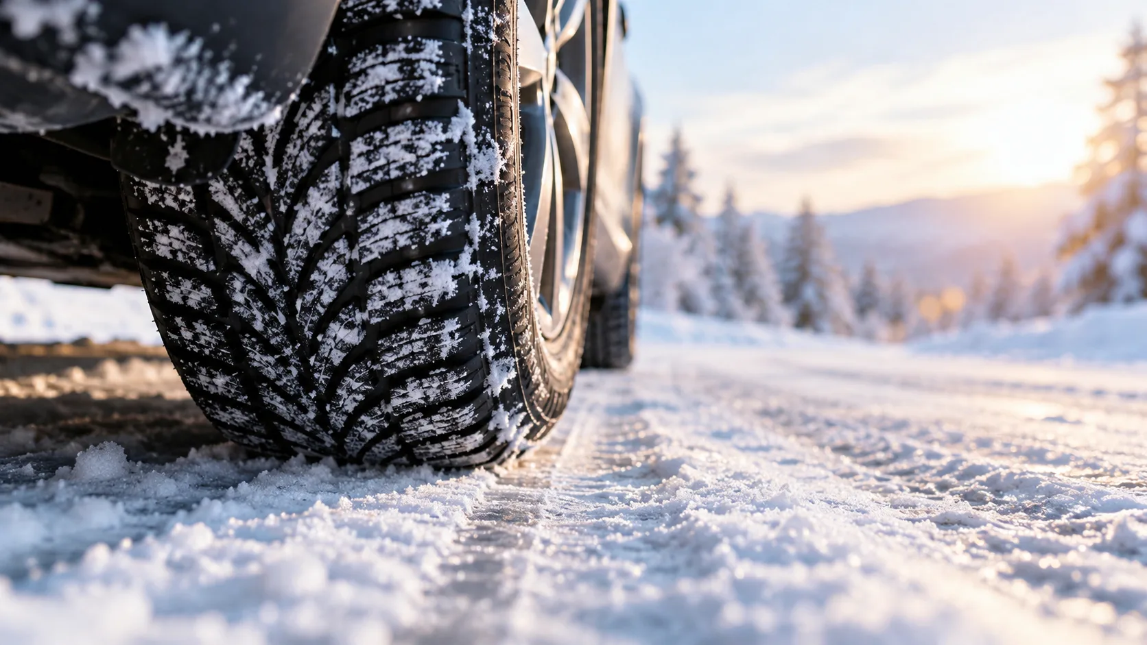 Nahaufnahme eines Winterreifens mit tiefem Profil auf verschneitem Untergrund vor winterlicher Vegetation im Harz-Kontext.