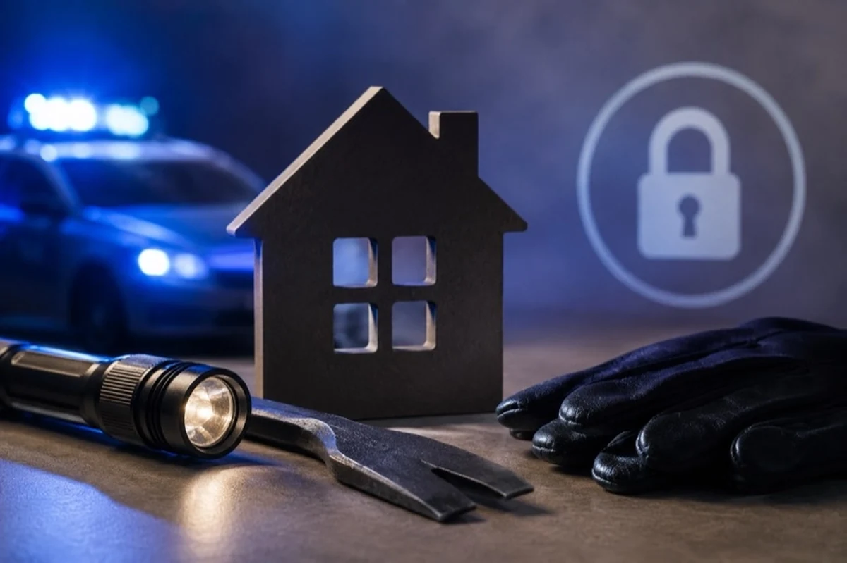 Generisches Polizeifahrzeug mit Blaulicht und Dokumentensymbolen zum Wohnungseinbruch in Wernigerode im Harz