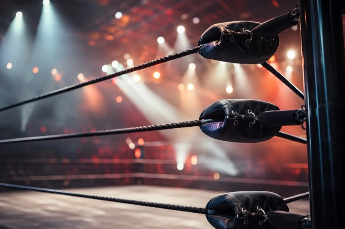 Leerer Wrestling-Ring in einer Veranstaltungshalle mit Ringseilen und Zuschauerplätzen im Hintergrund