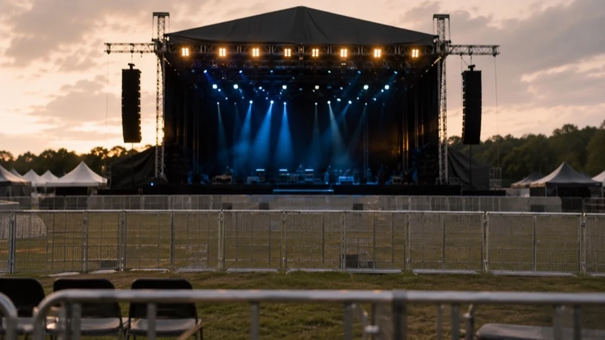 Open-Air-Bühne mit Veranstaltungsfläche, Absperrgittern und Konzerttechnik vor einem Musikfestival im Sommer