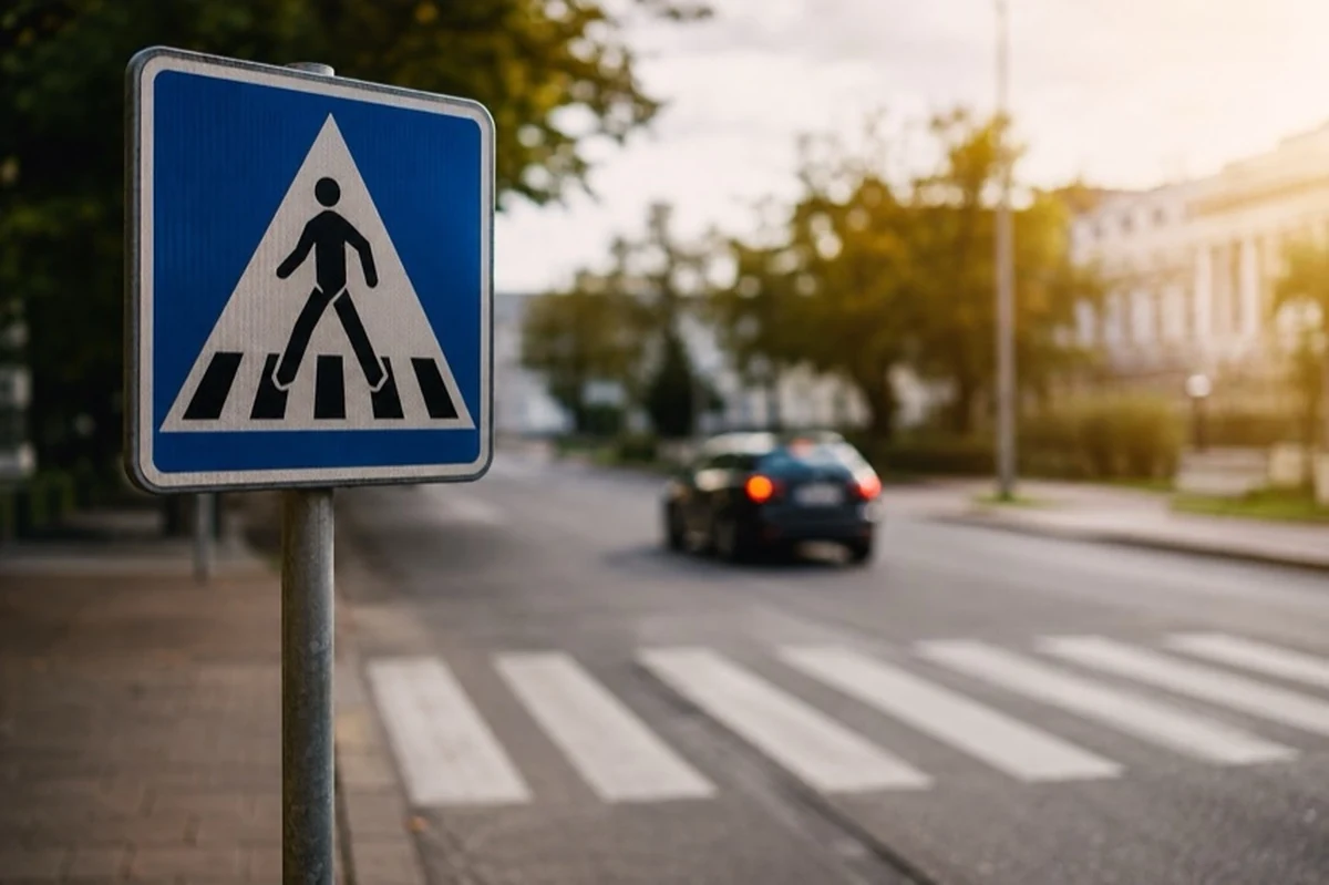Zebrastreifen mit Fahrrad am Straßenrand und unscharfem Auto im Hintergrund in einem neutralen Verkehrsumfeld