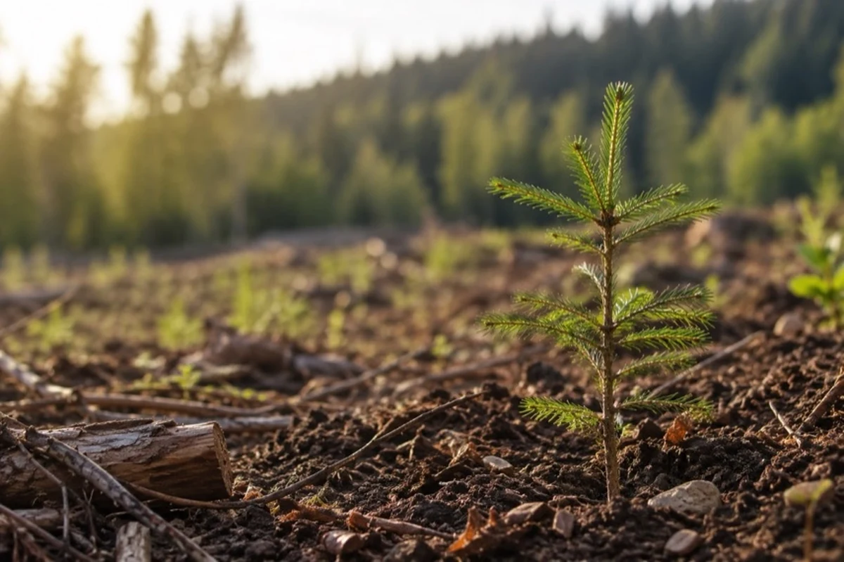 Junge Zitterpappel auf offener Waldfläche mit nachwachsendem Mischwald im Hintergrund