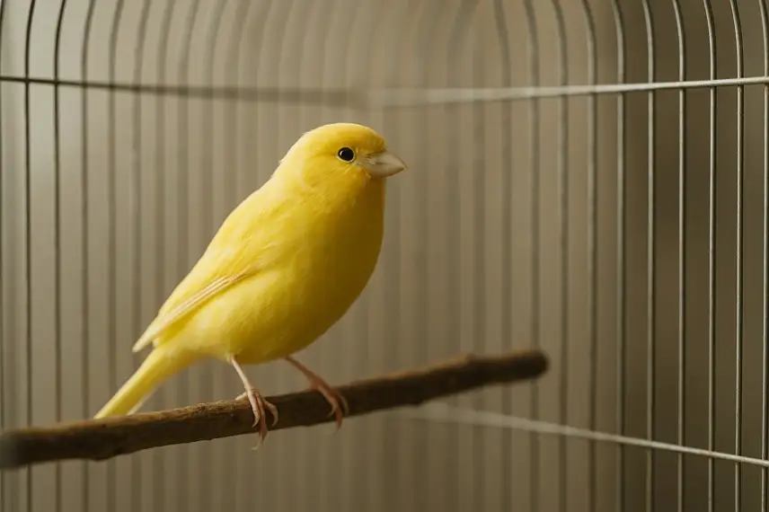 Gelber Kanarienvogel auf einer Holzstange in einem Käfig, im Hintergrund unscharf die Gitterstäbe.