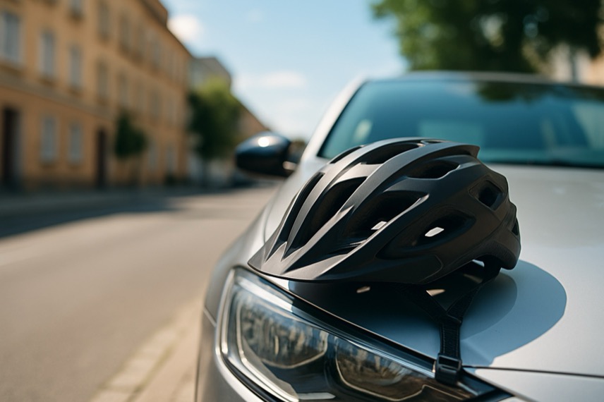 Ein schwarzer Fahrradhelm liegt auf der Motorhaube eines Autos – Symbol für die Eskalation eines Straßenstreits. (Symbolbild – exemplarisch)