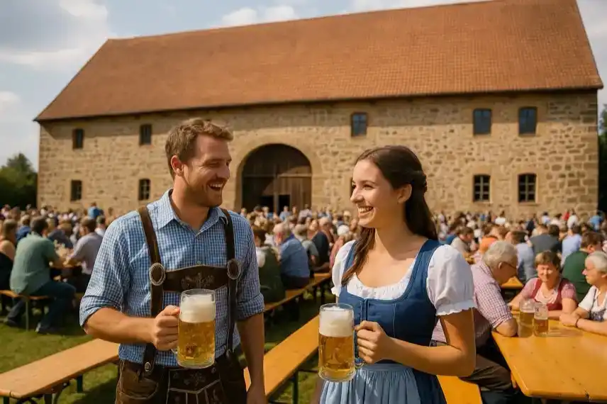 Bayerisches Fest vor historischer Scheune