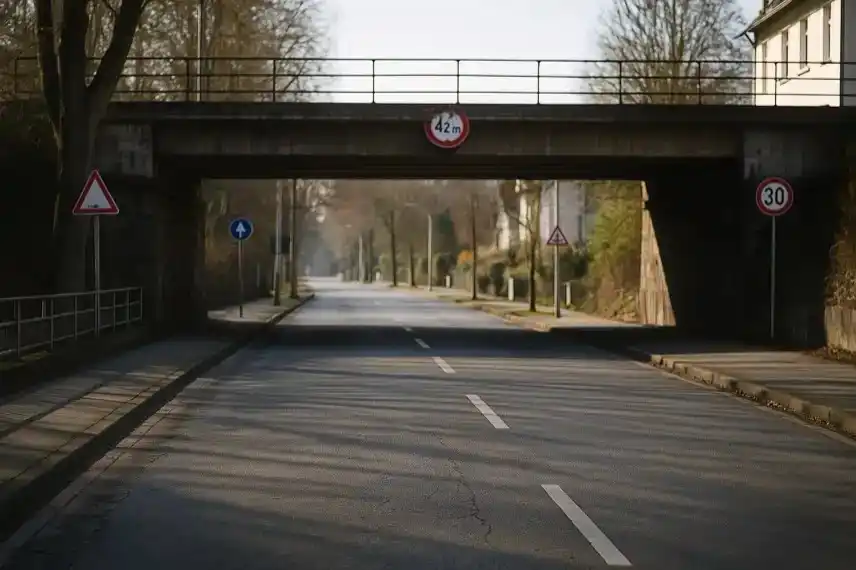 Leere Straße im Harz unter Bahnunterführung als Symbolbild für Schulwegunfall in Goslar, Thema Verkehrssicherheit und Schulwegsicherheit.