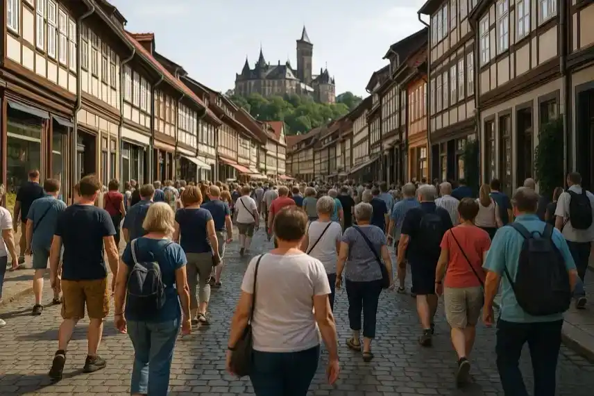 Symbolbild Harz Open Air 2026 – Menschenmenge in Wernigerode mit Blick auf das Schloss, fotorealistisch aufgenommen, Veranstaltung im Bürgerpark.