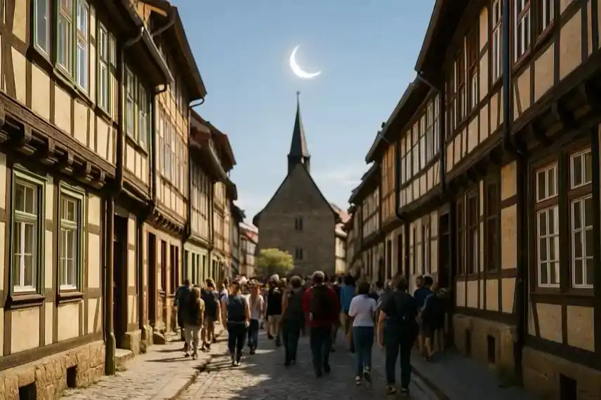 Symbolbild einer Harzer Altstadt mit nachgestellter partieller Sonnenfinsternis am Himmel, fotorealistisches Motiv für Newsartikel.