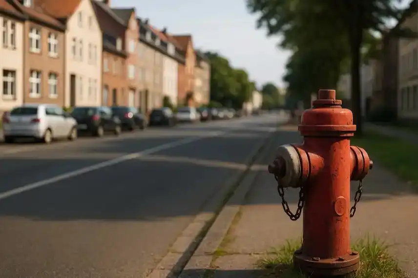 Wohnungsbrand Harz – roter Hydrant auf Wohnstraße bei Tageslicht, fotorealistisch, als illustrative Darstellung für Feuerwehreinsatz.